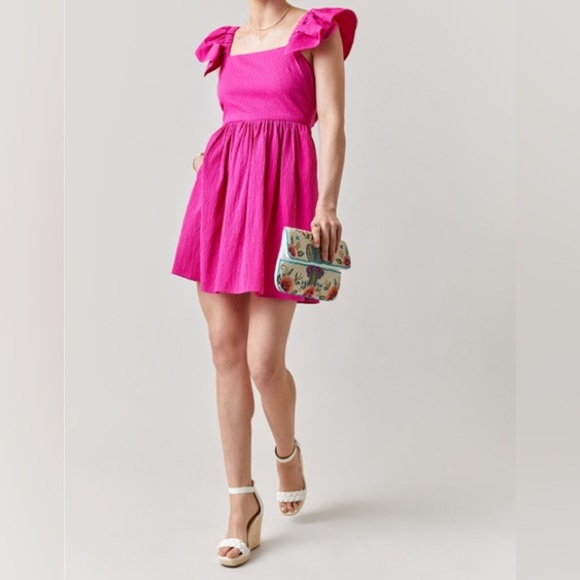 Miami Pink Square Neck Flutter Sleeve Dress - Picture 1 of 8